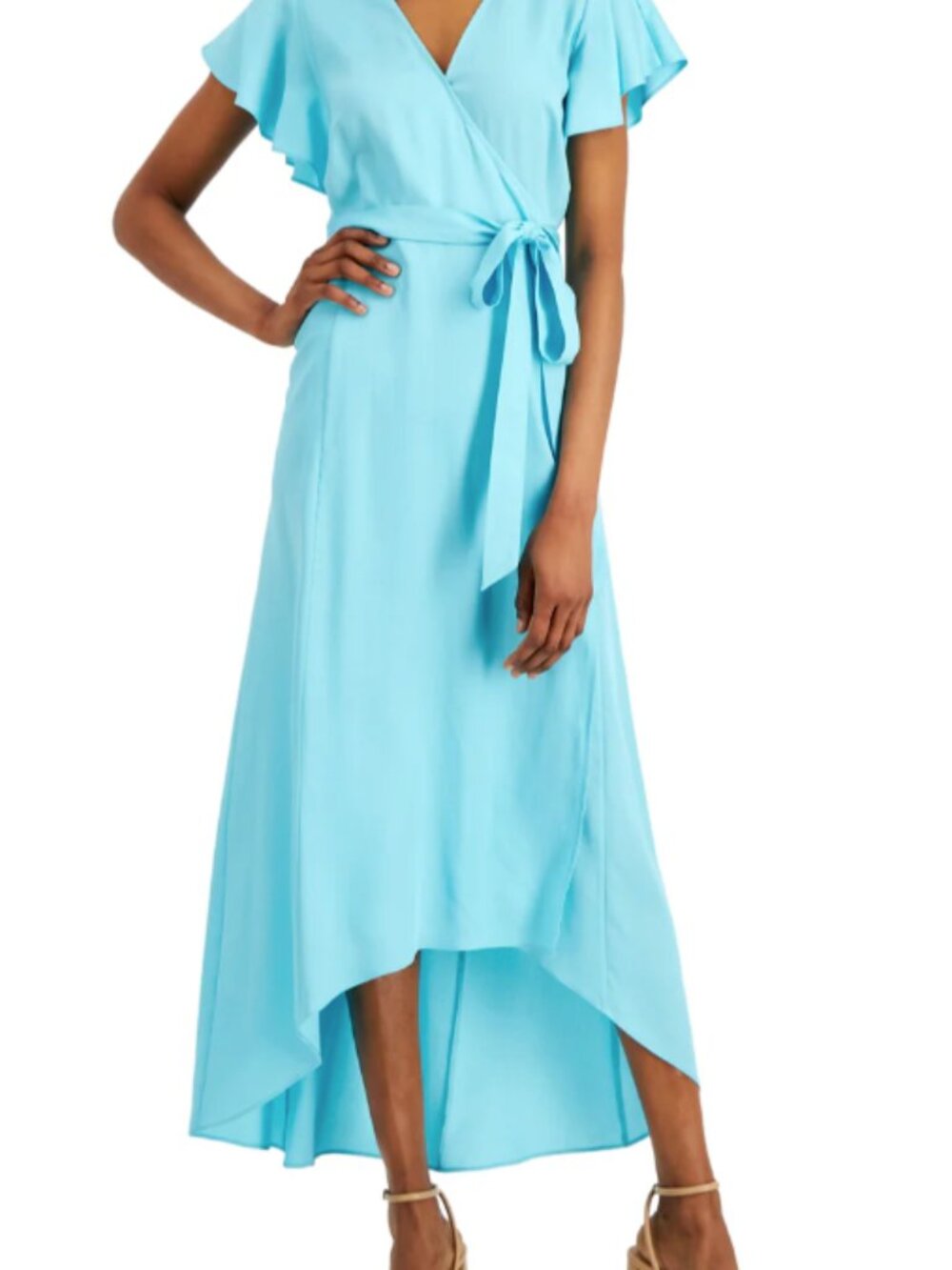 Charter Club Short Ruffle Sleeve V-Neck Wrap Midi Dress - Blue - size Large NWT